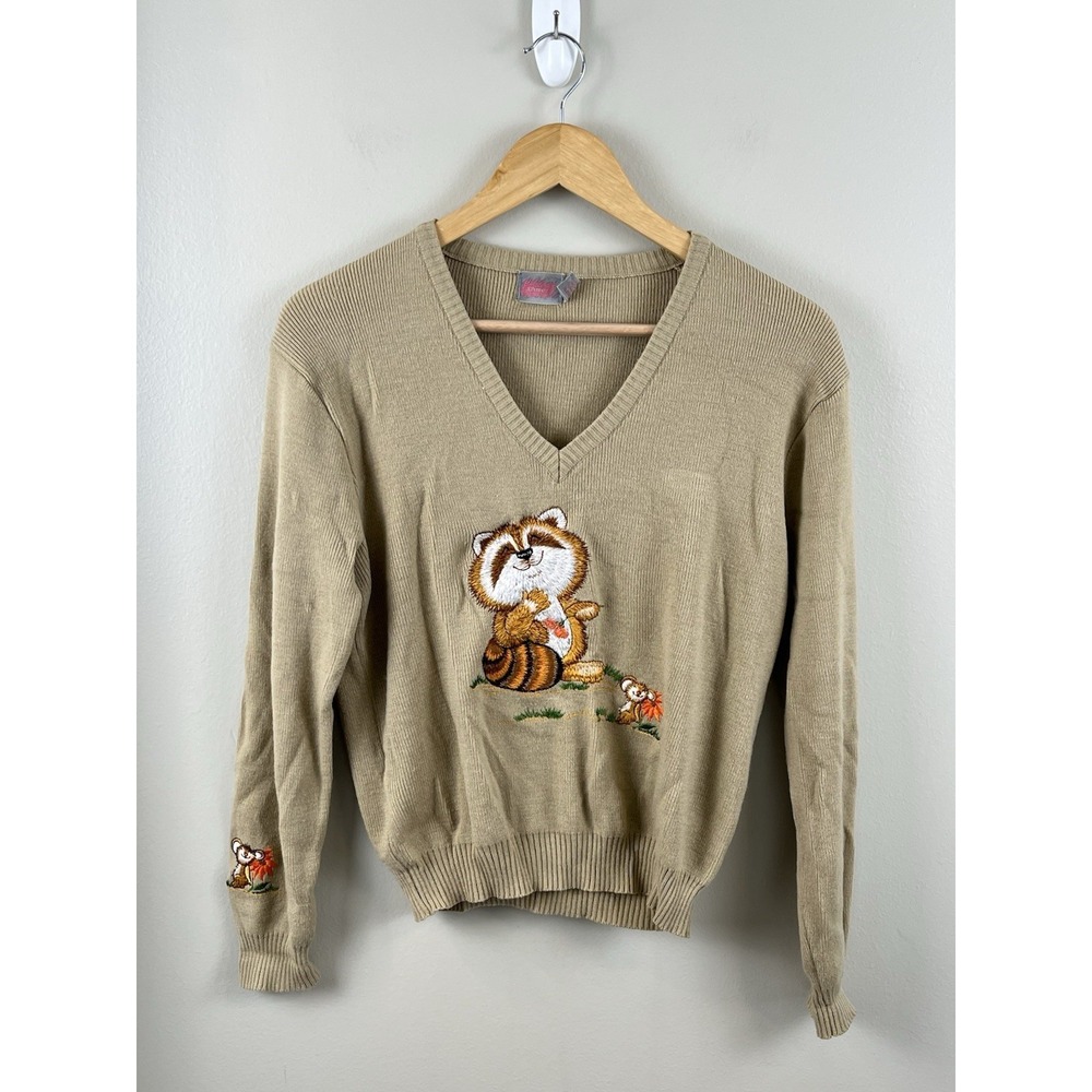 JCPenney Vtg  70's/80s Raccoon Sweater Embroidered Mushroom Flower Sz M